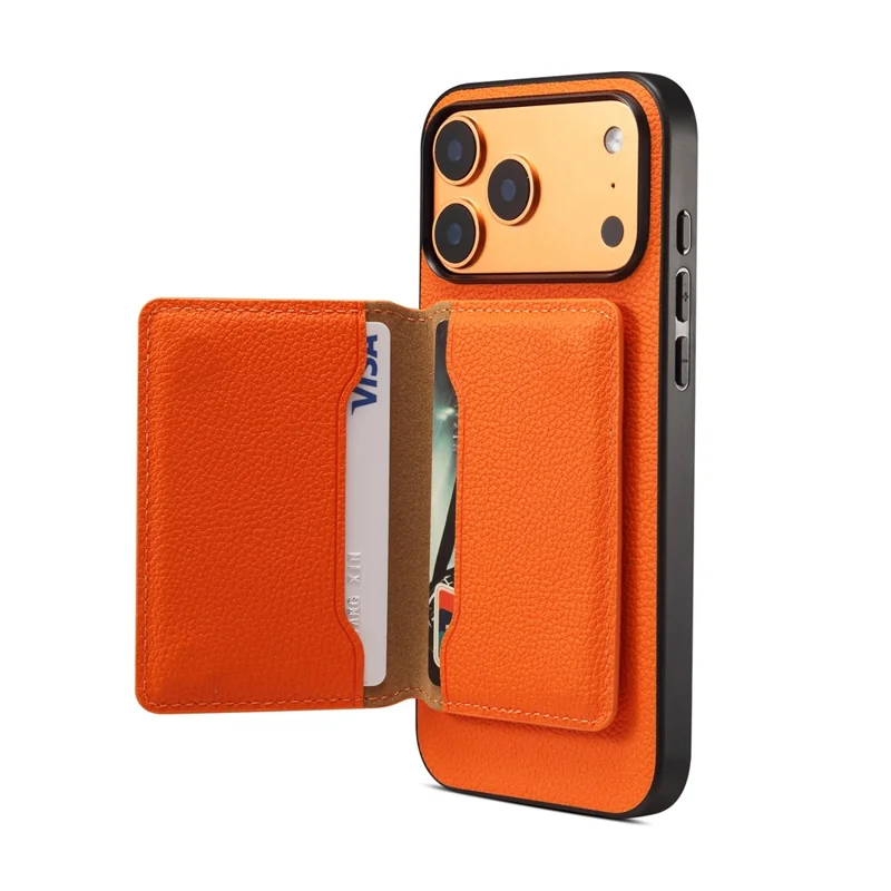 DENIOR D30 For iPhone 17 Pro Case Compatible with MagSafe Detachable Card Holder Kickstand Litchi Texture Leather Back Phone Cover - Orange