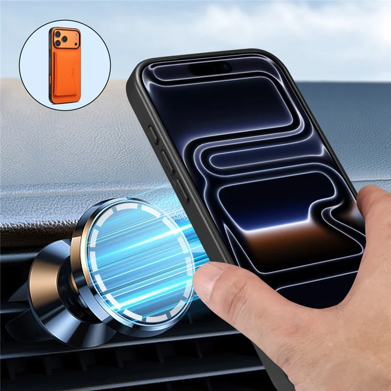 DENIOR D30 For iPhone 17 Pro Case Compatible with MagSafe Detachable Card Holder Kickstand Litchi Texture Leather Back Phone Cover - Orange