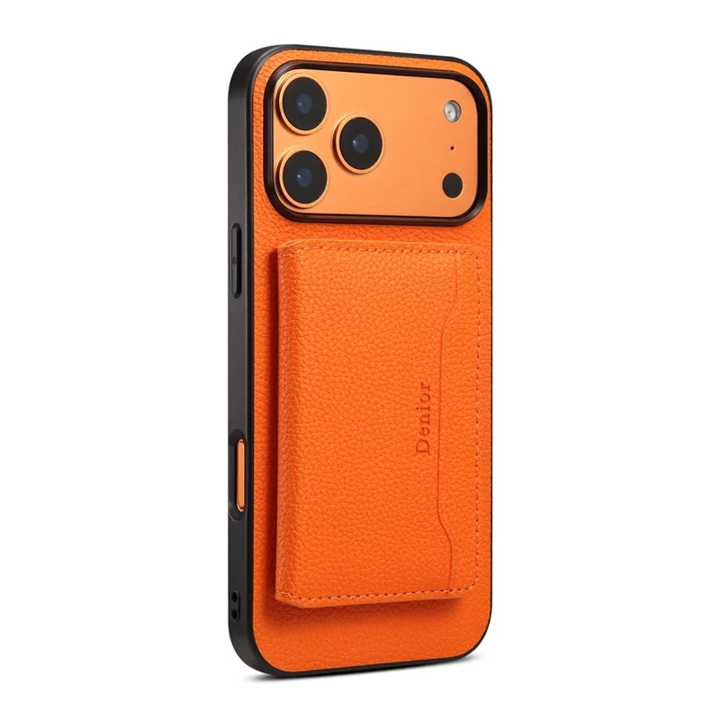 DENIOR D30 Étui pour iPhone 17 Pro Max Compatible avec MagSafe Support de Carte Amovible Support de Carte Texture de Cuir de Litchi Couverture de Téléphone Arrière - Orange