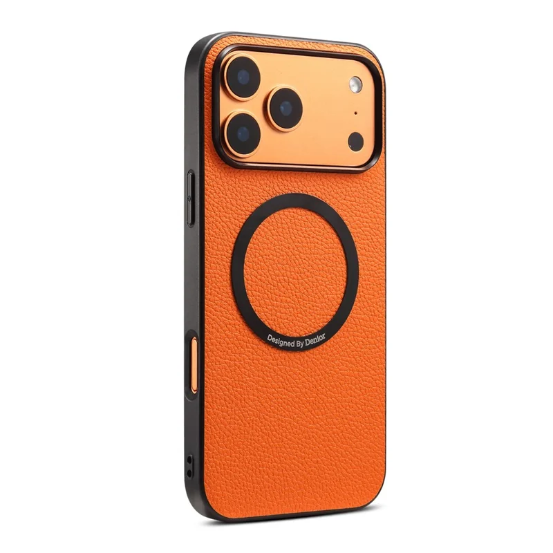DENIOR D30 Étui pour iPhone 17 Pro Max Compatible avec MagSafe Support de Carte Amovible Support de Carte Texture de Cuir de Litchi Couverture de Téléphone Arrière - Orange