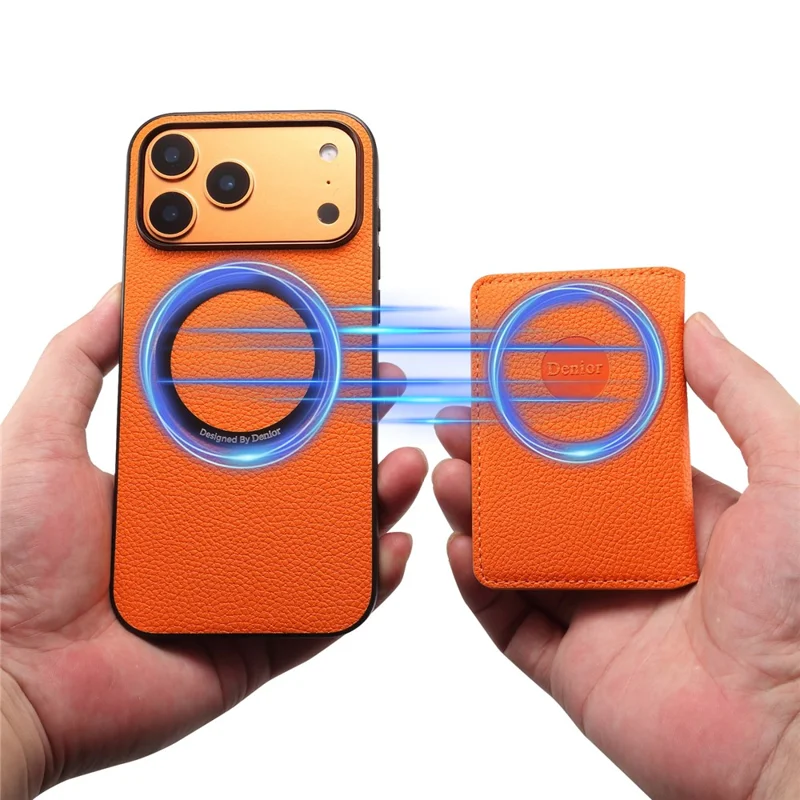 DENIOR D30 Étui pour iPhone 17 Pro Max Compatible avec MagSafe Support de Carte Amovible Support de Carte Texture de Cuir de Litchi Couverture de Téléphone Arrière - Orange