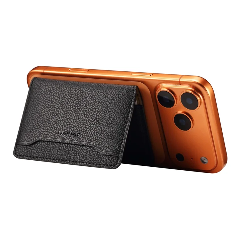 DENIOR V23 Magnetic Card Holder Litchi Texture PU Leather Phone Back Card Bag Kickstand - Black