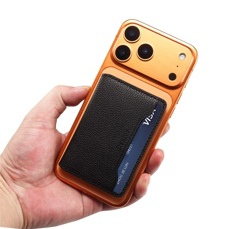 DENIOR V23 Magnetic Card Holder Litchi Texture PU Leather Phone Back Card Bag Kickstand - Black