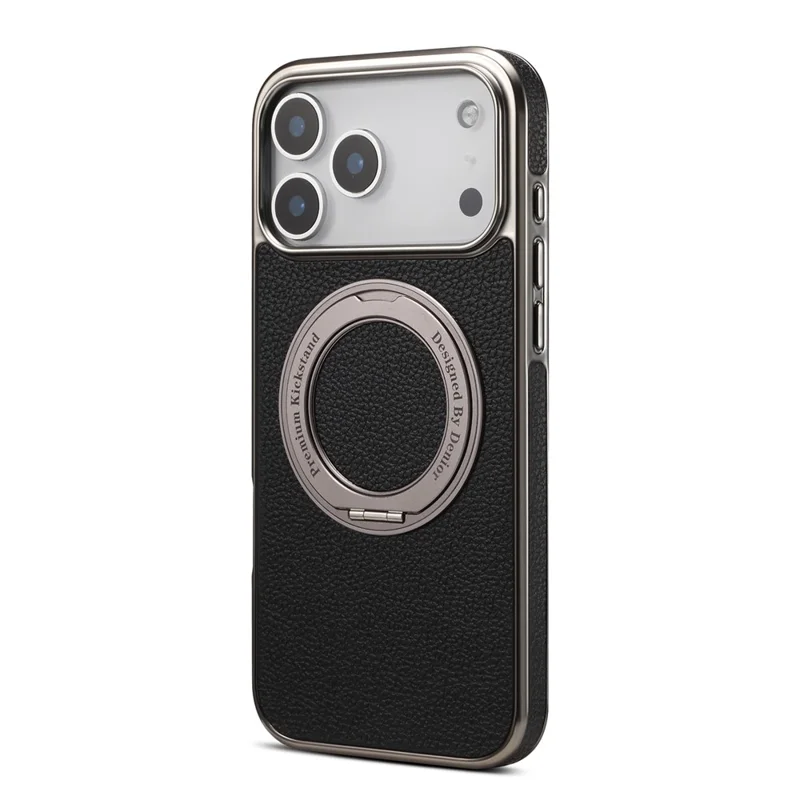 DENIOR A23+2 Capa Compatível com iPhone 17 Pro com MagSafe, Suporte Giratório e Cobertura de Couro Traseira - Preto