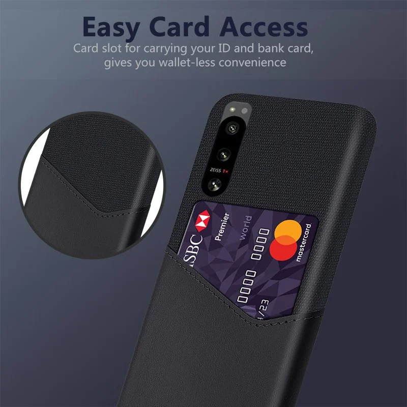 For Sony Xperia 5 IV 5G PU Leather + Hard PC Card Holder Case Cloth Texture Back Anti-Scratch Protective Phone Cover - Black