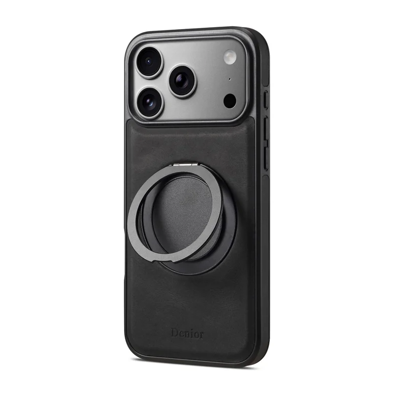 DENIOR A14 Funda magnética para iPhone 17 Pro Max, con soporte giratorio y cubierta de teléfono de cuero PC TPU - Negro