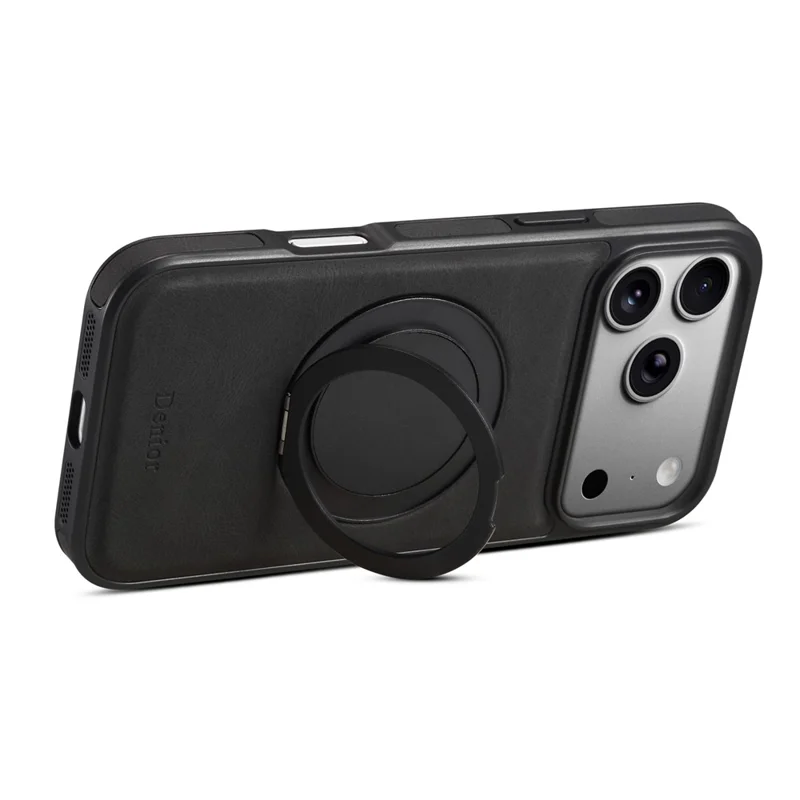 DENIOR A14 Funda magnética para iPhone 17 Pro Max, con soporte giratorio y cubierta de teléfono de cuero PC TPU - Negro