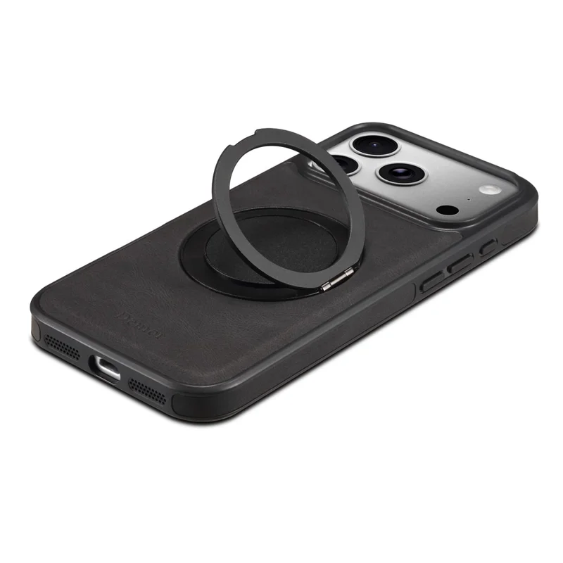 DENIOR A14 Funda magnética para iPhone 17 Pro Max, con soporte giratorio y cubierta de teléfono de cuero PC TPU - Negro