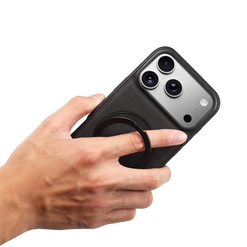 DENIOR A14 Funda magnética para iPhone 17 Pro Max, con soporte giratorio y cubierta de teléfono de cuero PC TPU - Negro