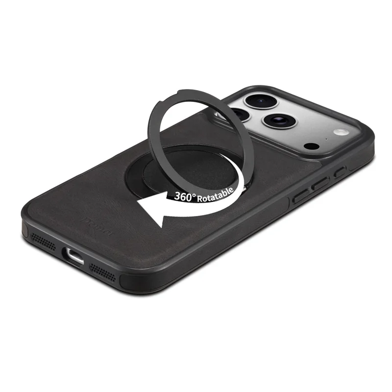 DENIOR A14 Funda magnética para iPhone 17 Pro Max, con soporte giratorio y cubierta de teléfono de cuero PC TPU - Negro