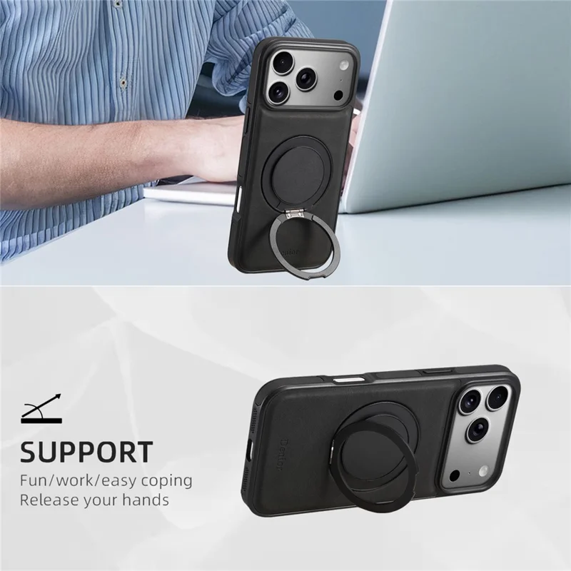 DENIOR A14 Funda magnética para iPhone 17 Pro Max, con soporte giratorio y cubierta de teléfono de cuero PC TPU - Negro