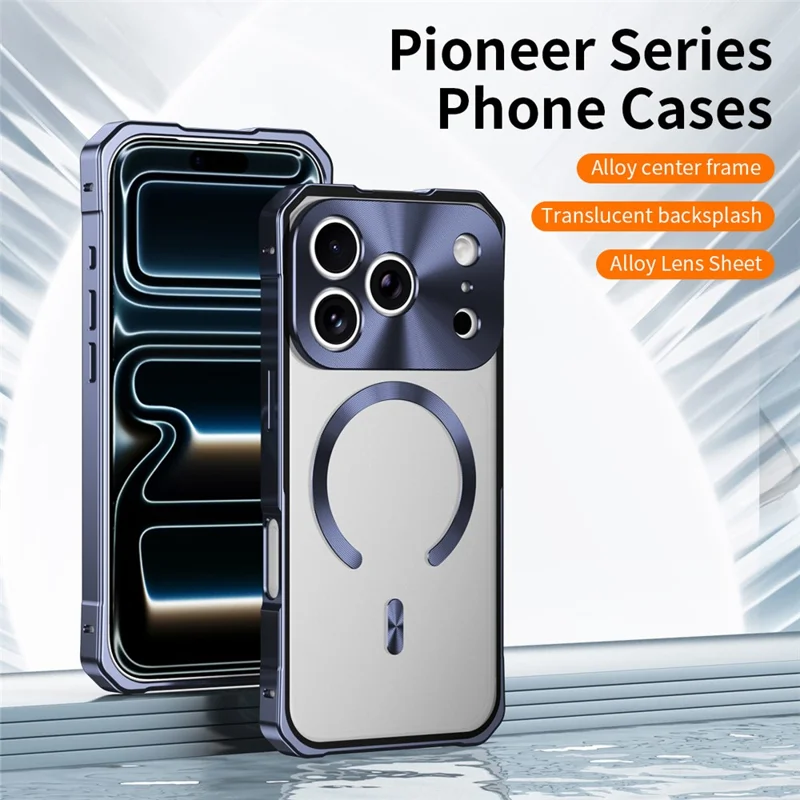 Étui iPhone 17 Pro Max Compatible avec MagSafe Cadre Métallique Rigide PC Dos Givré - Bleu Foncé