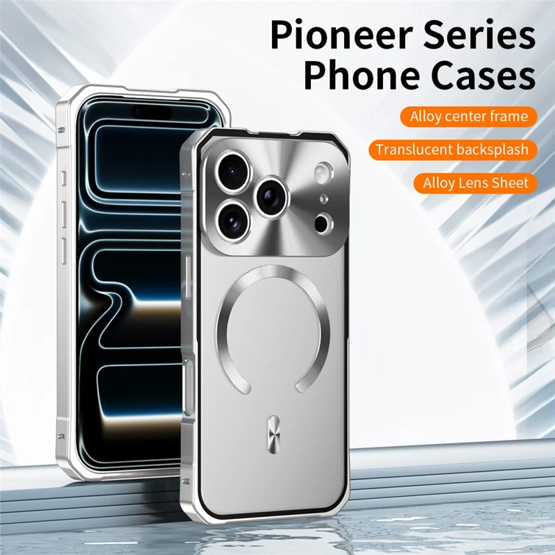 For iPhone 17 Pro Max Case Compatible with MagSafe Hard PC Metal Frame Frosted Phone Back Cover - Silver