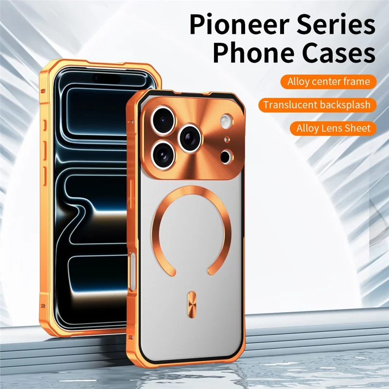 For iPhone 17 Pro Case Compatible with MagSafe Hard PC Metal Frame Frosted Phone Back Cover - Orange