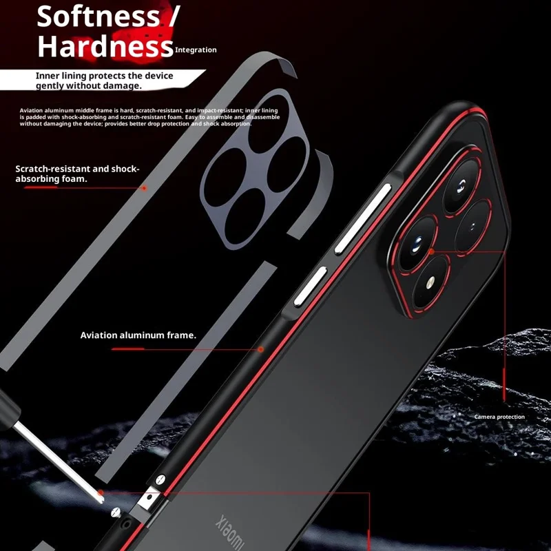 For Xiaomi 17 Bumper Case Lens Protector Dual Color Metal Frame Phone Cover with Screw Lock - Black / Red