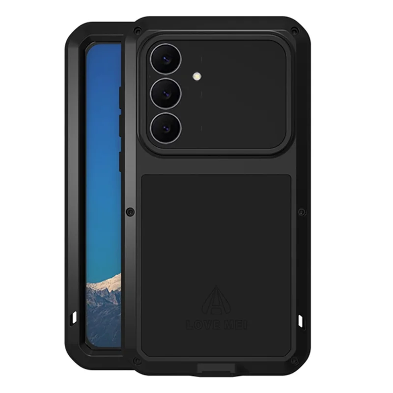 LOVE MEI Étui pour Samsung Galaxy S25 FE Protecteur d'écran en verre trempé Couverture de téléphone en métal + silicone - Noir