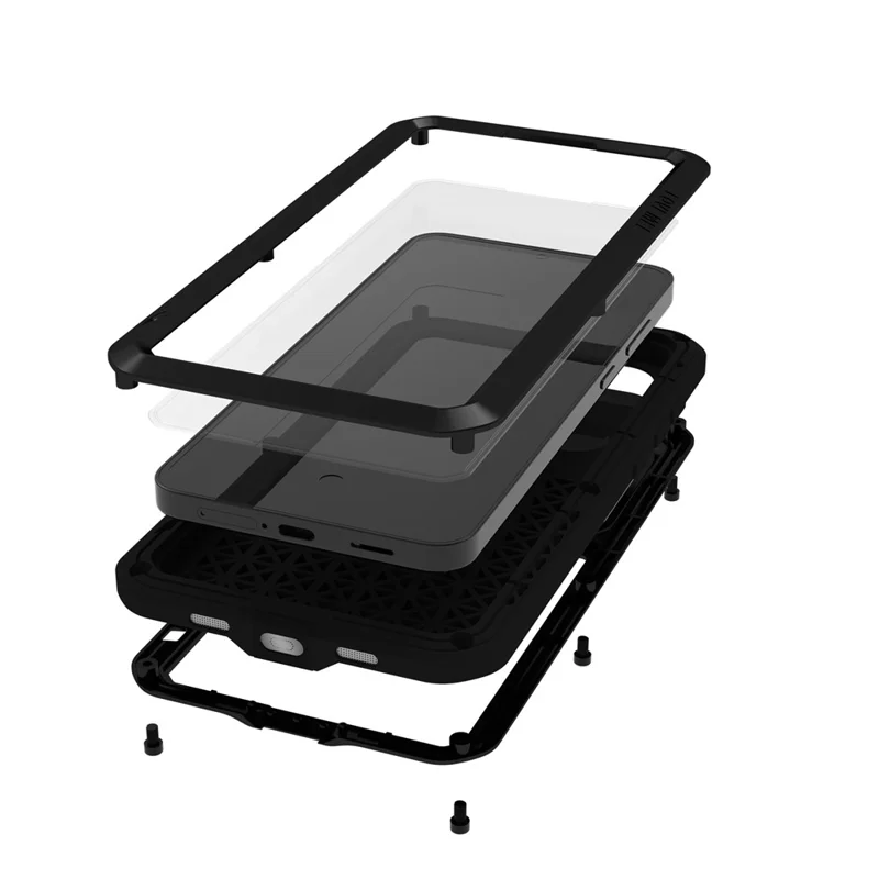 LOVE MEI Étui pour Samsung Galaxy S25 FE Protecteur d'écran en verre trempé Couverture de téléphone en métal + silicone - Noir