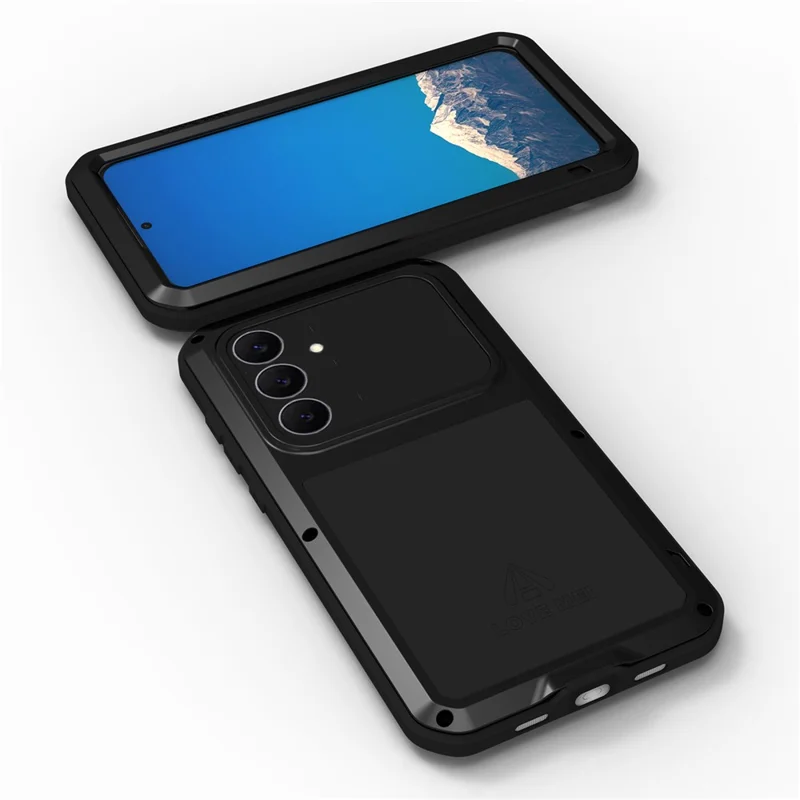 LOVE MEI Étui pour Samsung Galaxy S25 FE Protecteur d'écran en verre trempé Couverture de téléphone en métal + silicone - Noir