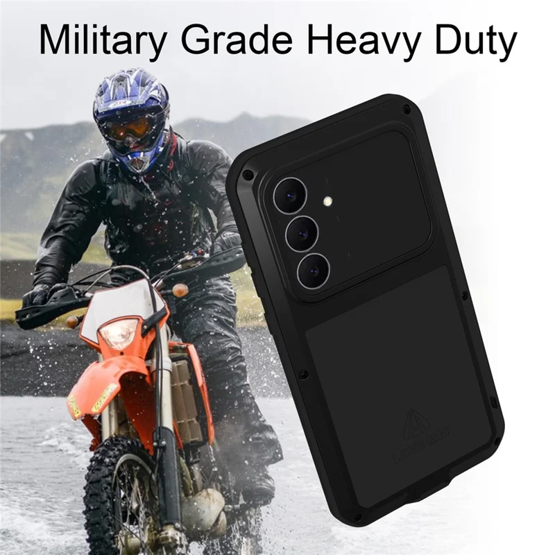 LOVE MEI Étui pour Samsung Galaxy S25 FE Protecteur d'écran en verre trempé Couverture de téléphone en métal + silicone - Noir