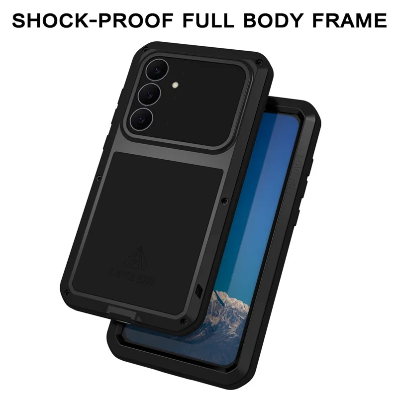 LOVE MEI Étui pour Samsung Galaxy S25 FE Protecteur d'écran en verre trempé Couverture de téléphone en métal + silicone - Noir