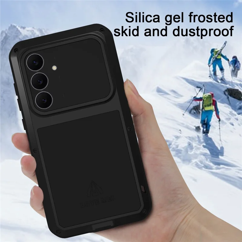 LOVE MEI Étui pour Samsung Galaxy S25 FE Protecteur d'écran en verre trempé Couverture de téléphone en métal + silicone - Noir