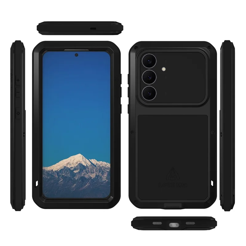 LOVE MEI Étui pour Samsung Galaxy S25 FE Protecteur d'écran en verre trempé Couverture de téléphone en métal + silicone - Noir