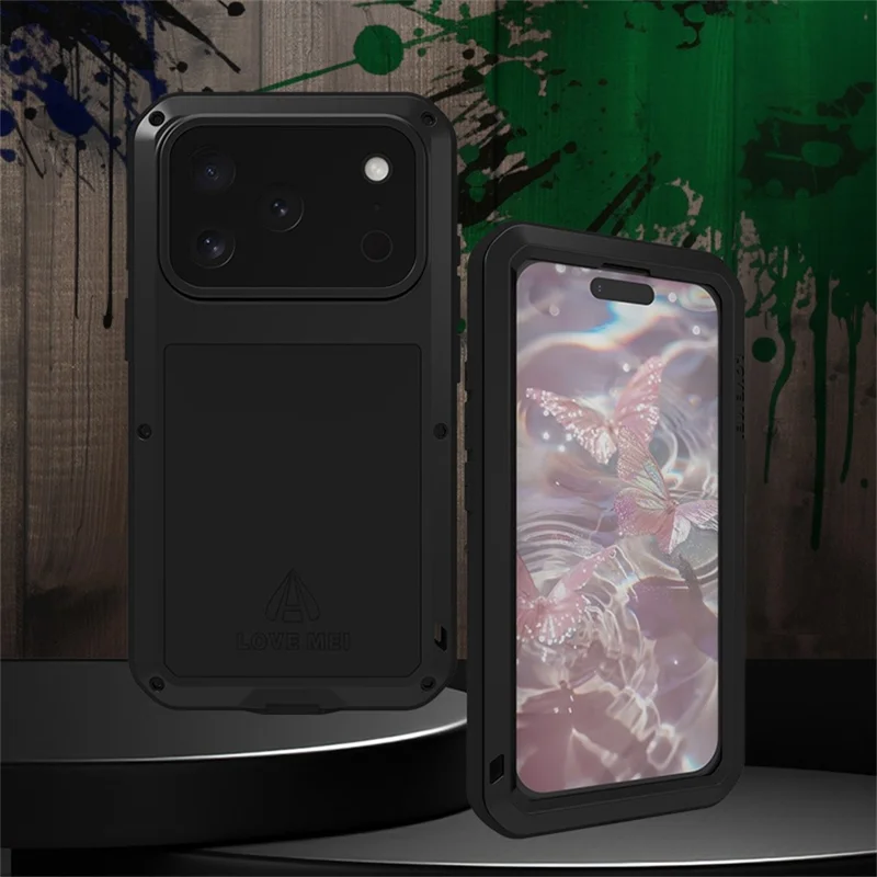 LOVE MEI Capa para iPhone 17 Pro Protetor de Tela de Vidro Temperado Metal + Silicone - Preto