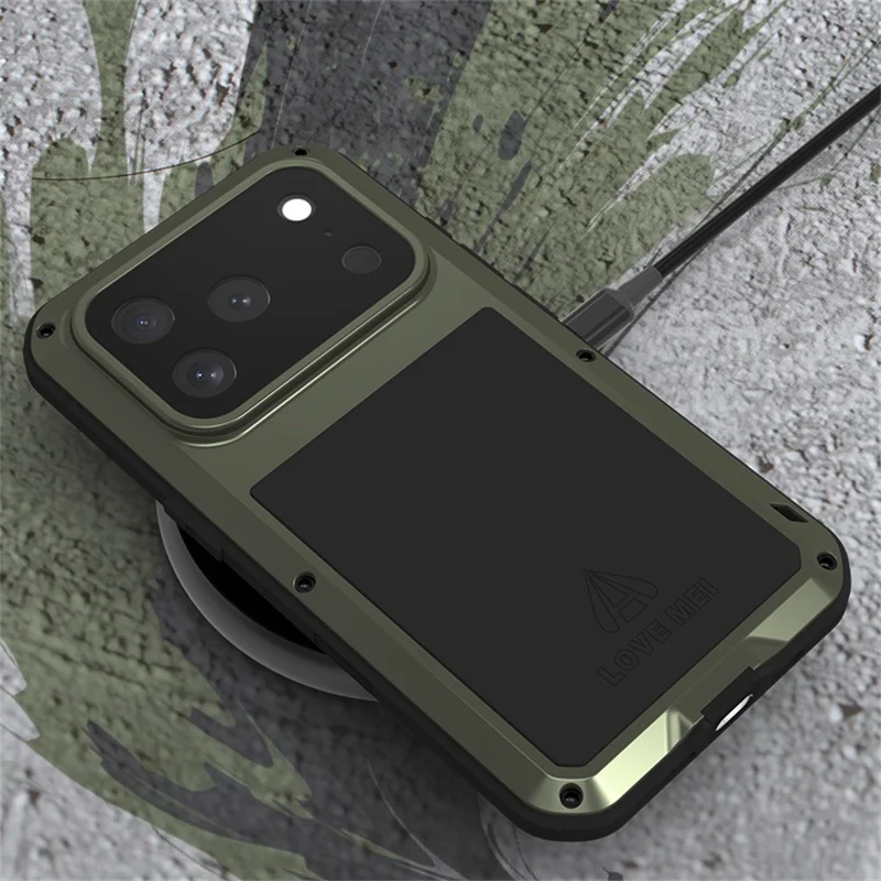 LOVE MEI Capa para iPhone 17 Pro Protetor de Tela de Vidro Temperado Metal + Silicone - Preto