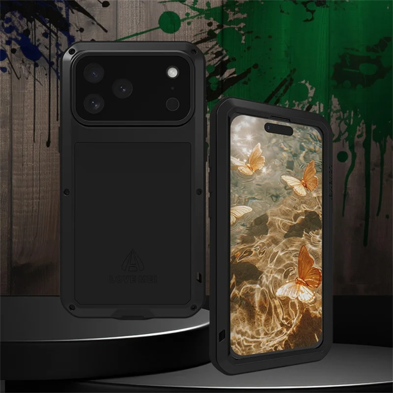 Чехол LOVE MEI для iPhone 17 Pro Max с закаленным стеклом для экрана, металлический + силиконовый чехол для телефона - Черный