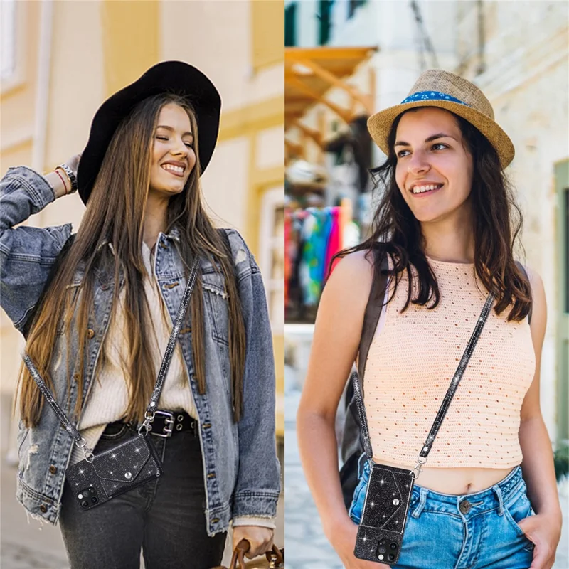 For iPhone 15 Pro Max Case Card Holder Kickstand PU Leather + TPU Glitter Phone Cover with Shoulder Strap - Black