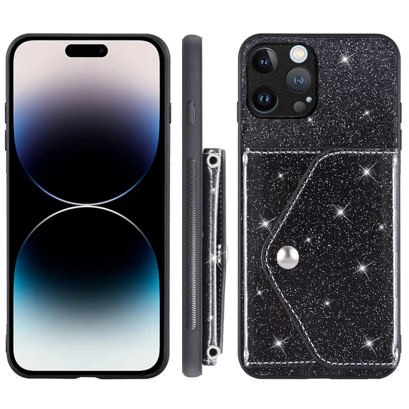 For iPhone 15 Pro Max Case Card Holder Kickstand PU Leather + TPU Glitter Phone Cover with Shoulder Strap - Black