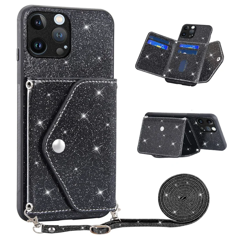 For iPhone 15 Pro Case Card Holder Kickstand PU Leather + TPU Glitter Phone Cover with Shoulder Strap - Black