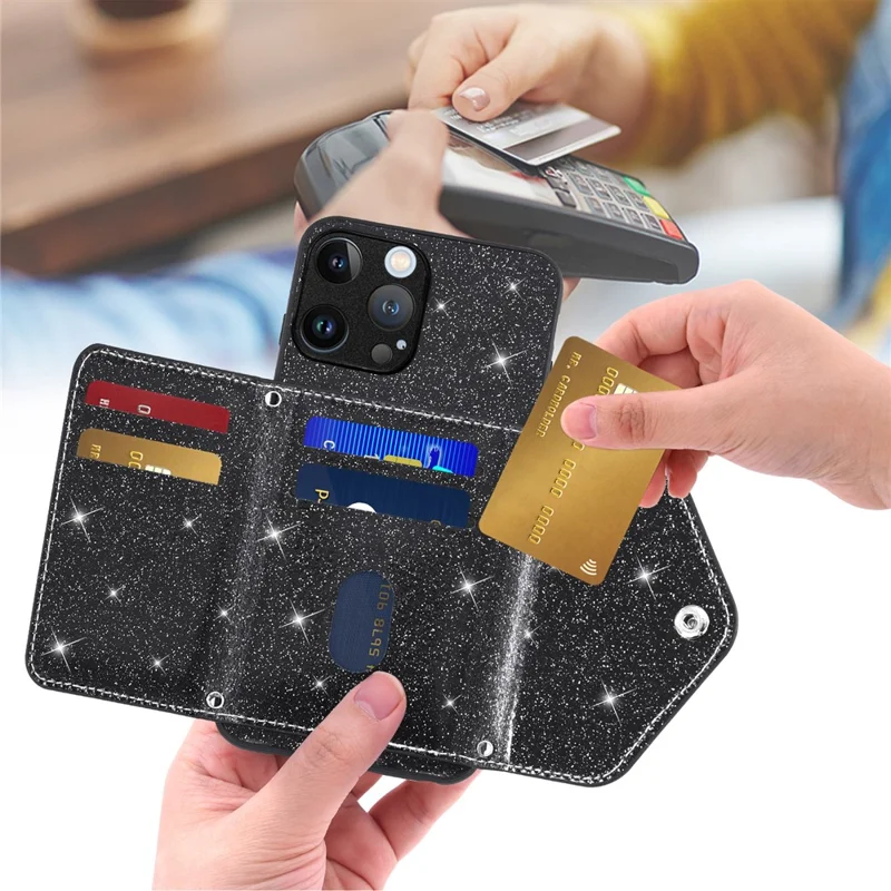 For iPhone 15 Pro Case Card Holder Kickstand PU Leather + TPU Glitter Phone Cover with Shoulder Strap - Black