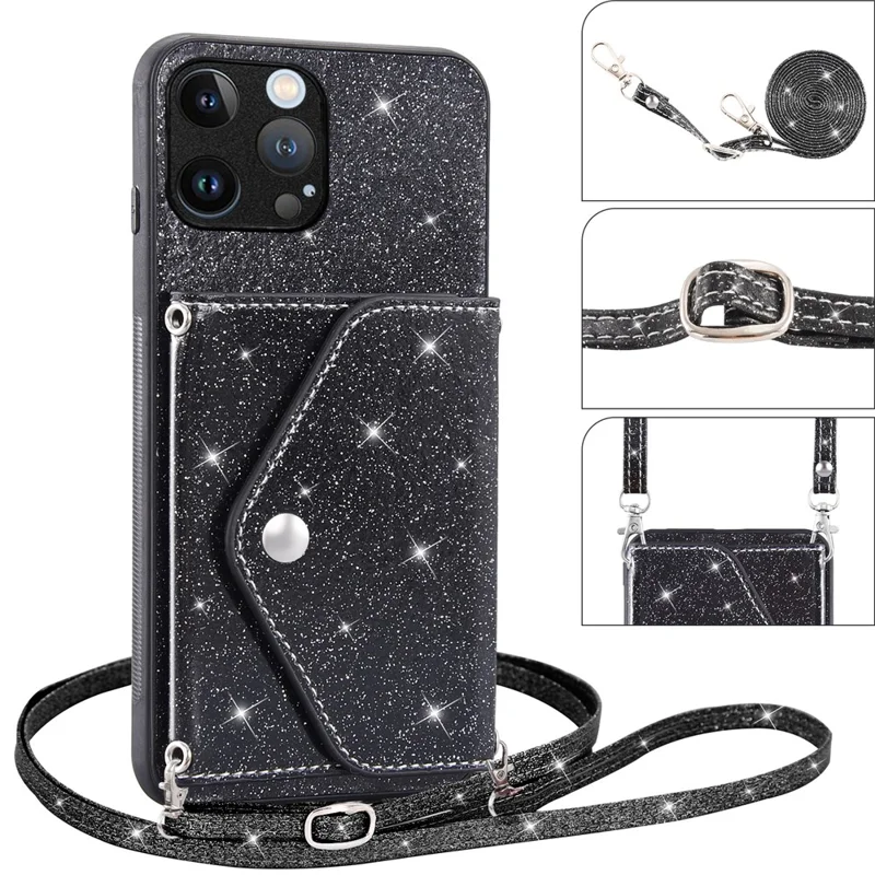 For iPhone 15 Pro Case Card Holder Kickstand PU Leather + TPU Glitter Phone Cover with Shoulder Strap - Black