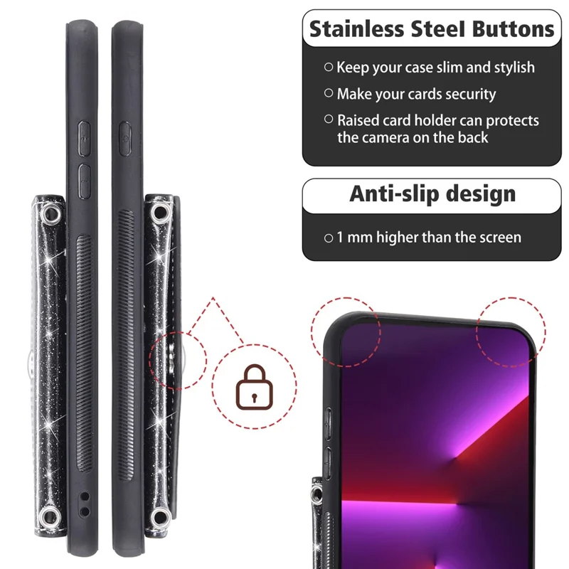 For iPhone 15 Pro Case Card Holder Kickstand PU Leather + TPU Glitter Phone Cover with Shoulder Strap - Black