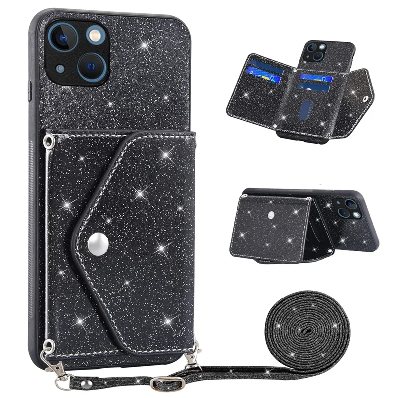 For iPhone 15 Case Card Holder Kickstand PU Leather + TPU Glitter Phone Cover with Shoulder Strap - Black