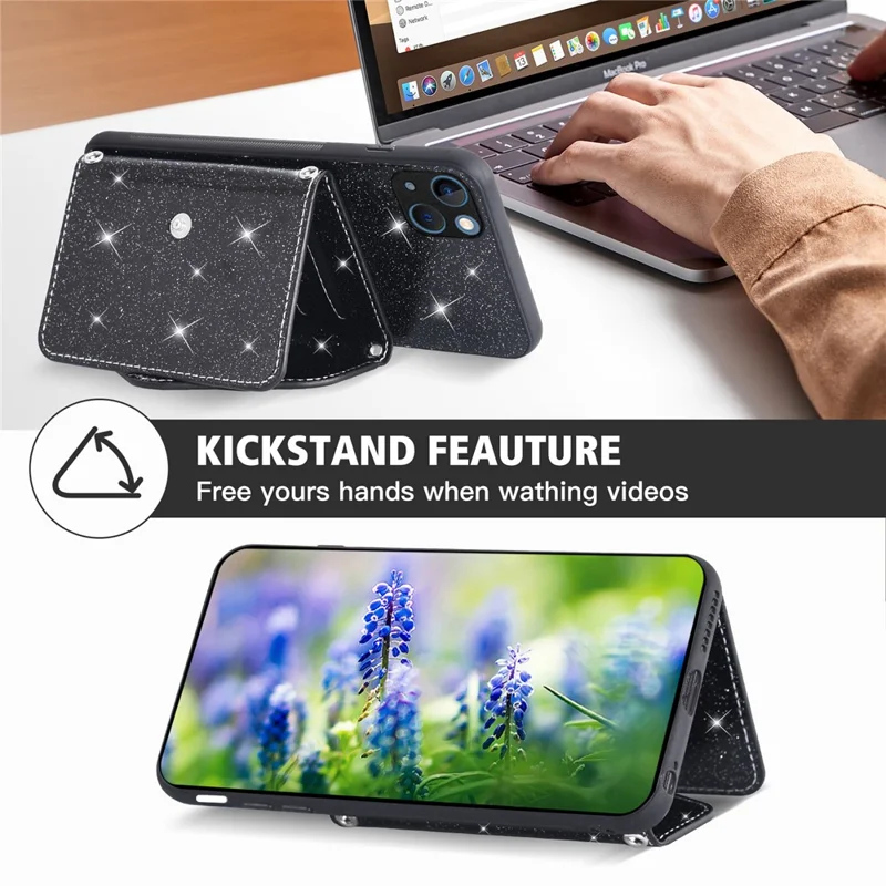 For iPhone 15 Case Card Holder Kickstand PU Leather + TPU Glitter Phone Cover with Shoulder Strap - Black