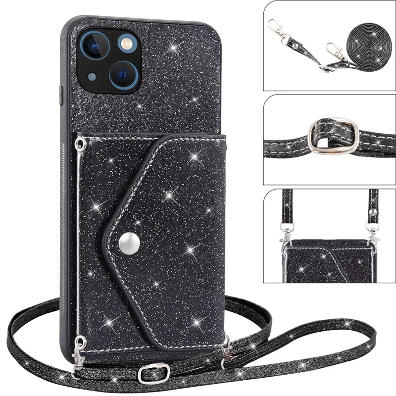 For iPhone 15 Case Card Holder Kickstand PU Leather + TPU Glitter Phone Cover with Shoulder Strap - Black