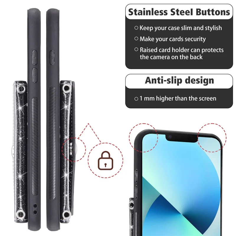 Voor iPhone 15 Plus hoesje met kaarthouder en standaard van PU-leer + TPU Glitter telefoonhoes met schouderband - Zwart