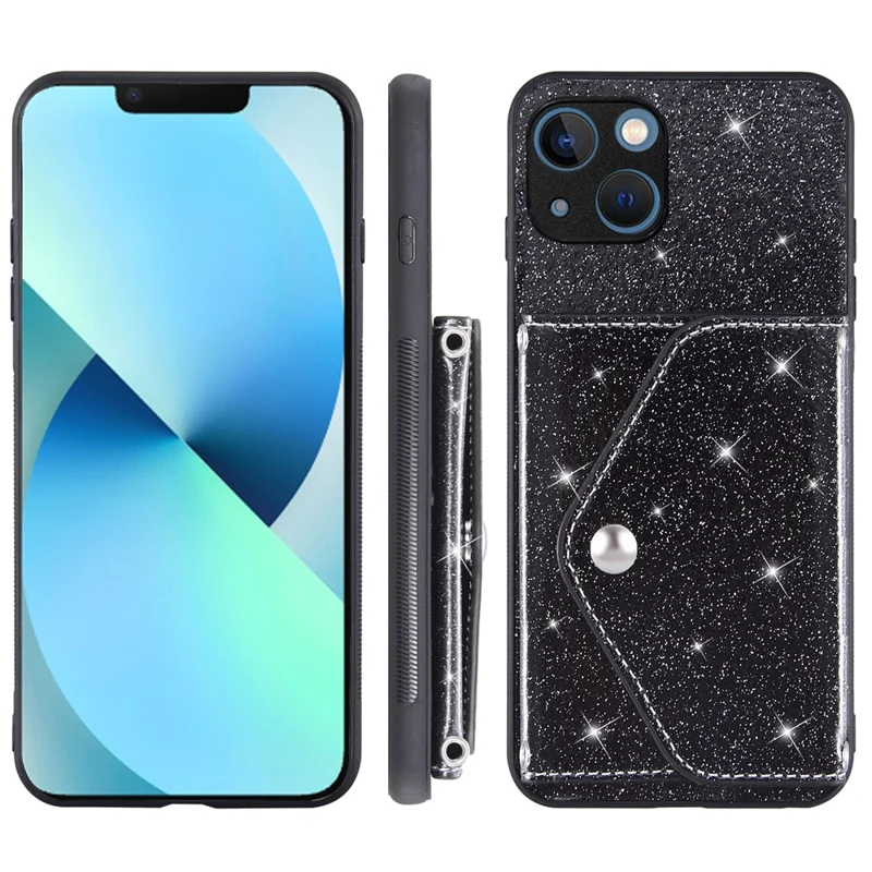 Voor iPhone 15 Plus hoesje met kaarthouder en standaard van PU-leer + TPU Glitter telefoonhoes met schouderband - Zwart