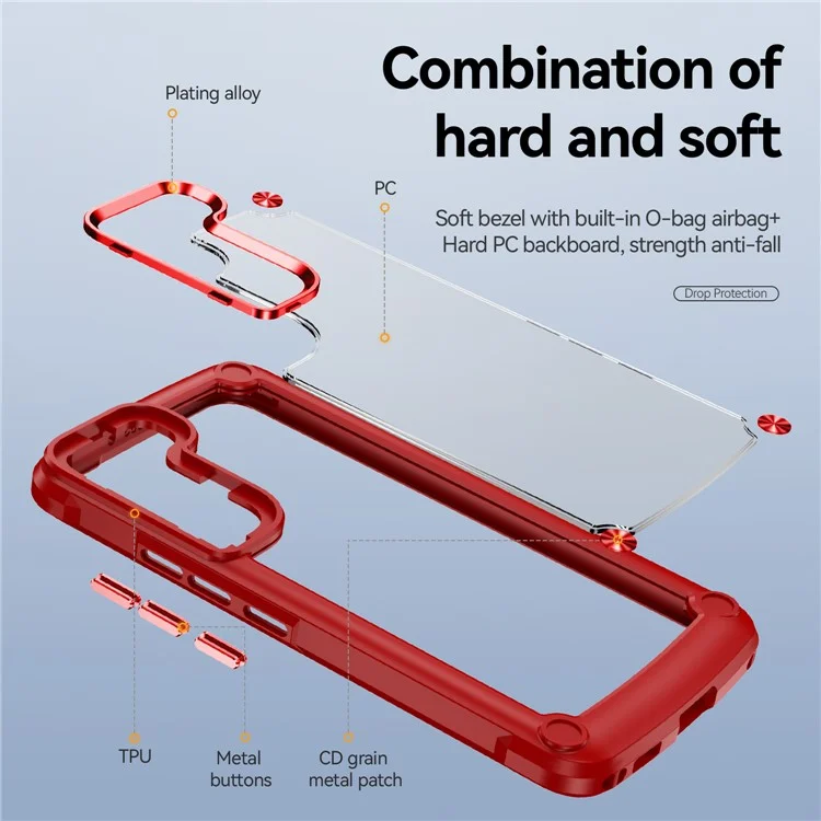 For Samsung Galaxy S23+ Metal Button Hard PC + TPU Drop-proof Cover Cellphone Anti-scratch Back Case - Red