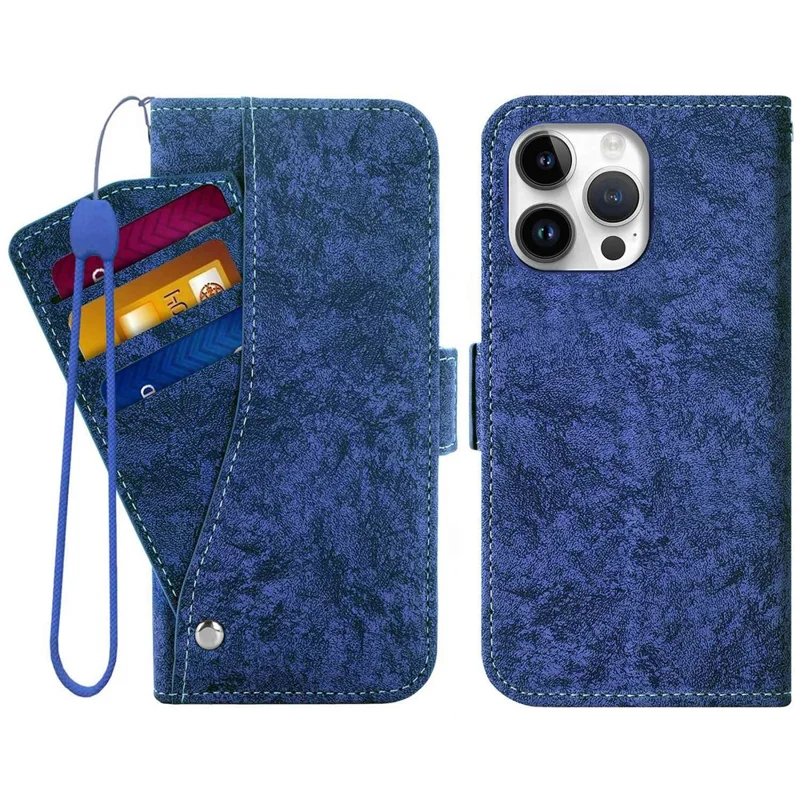 For iPhone 16 Pro Case Water-ink Painting Wallet PU Leathe Phone Cover with Rotating Card Slots - Blue