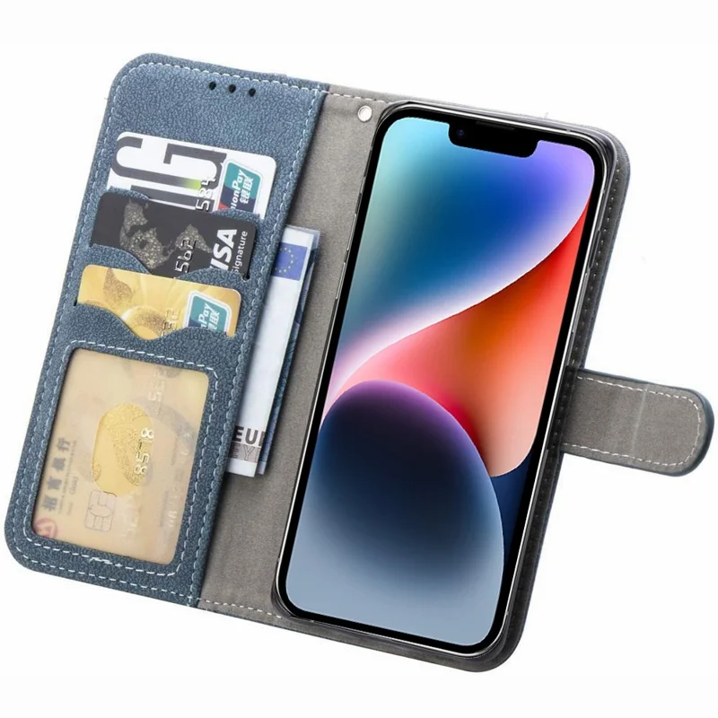 For iPhone 15 Case Retro PU Leather Wallet Phone Cover with Rotating Card Slots Holder - Blue