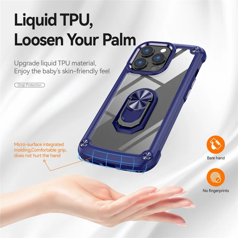 For iPhone 13 Pro Max 6.7 inch Anti-scratch Phone Case with Metal Ring Kickstand PC + TPU Smartphone Back Cover - Blue