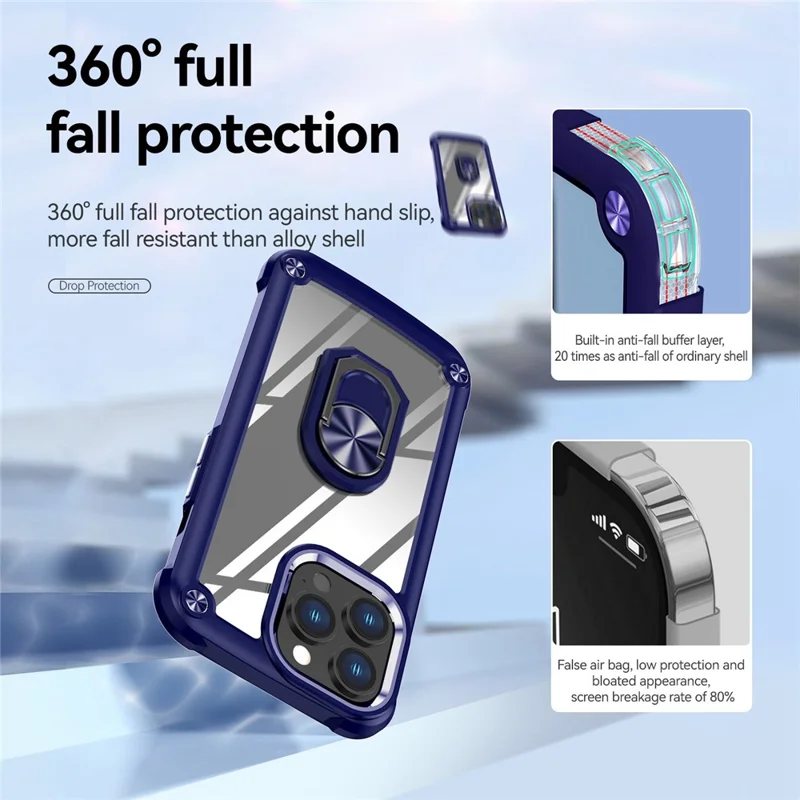 For iPhone 13 Pro Max 6.7 inch Anti-scratch Phone Case with Metal Ring Kickstand PC + TPU Smartphone Back Cover - Blue