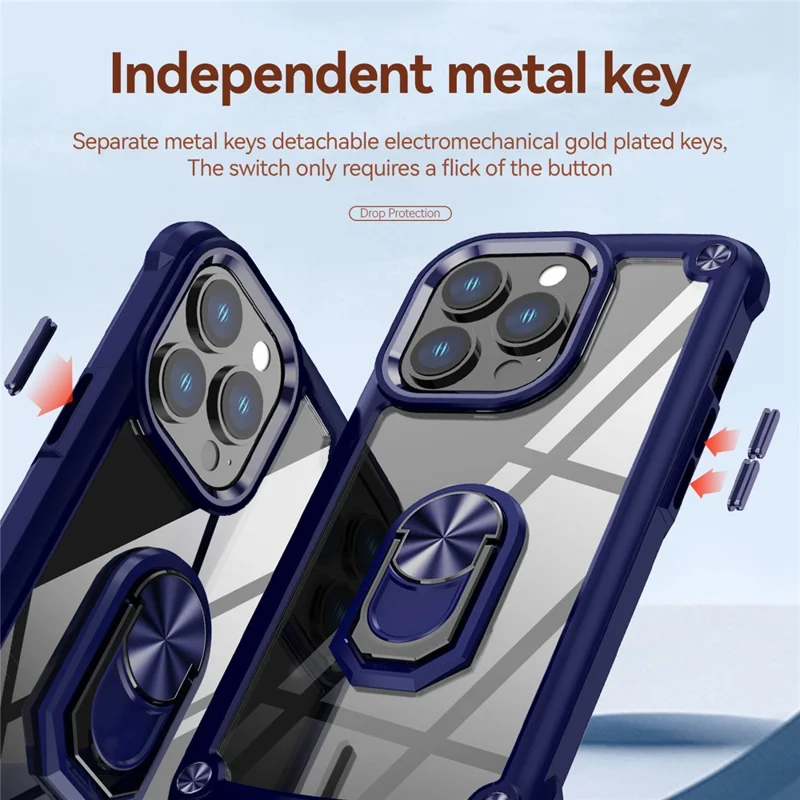 For iPhone 13 Pro Max 6.7 inch Anti-scratch Phone Case with Metal Ring Kickstand PC + TPU Smartphone Back Cover - Blue