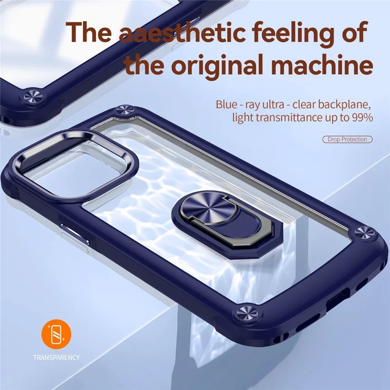 For iPhone 13 Pro Max 6.7 inch Anti-scratch Phone Case with Metal Ring Kickstand PC + TPU Smartphone Back Cover - Blue