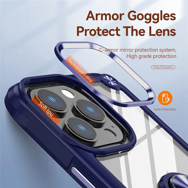 For iPhone 13 Pro Max 6.7 inch Anti-scratch Phone Case with Metal Ring Kickstand PC + TPU Smartphone Back Cover - Blue