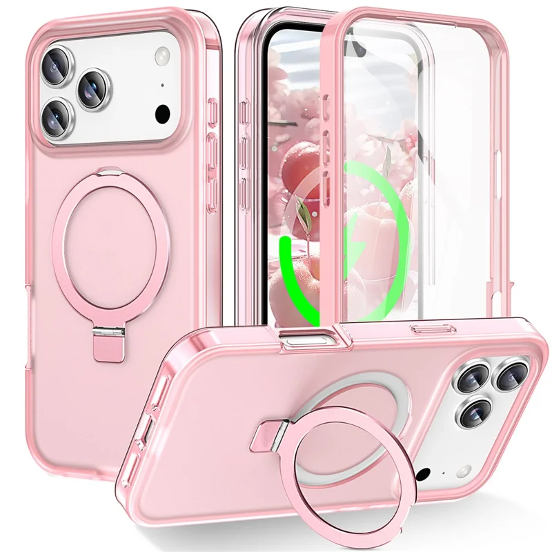 For iPhone 17 Pro Max Magnetic Case Kickstand Frosted TPU + PC Phone Cover with PET Screen Protector - Pink