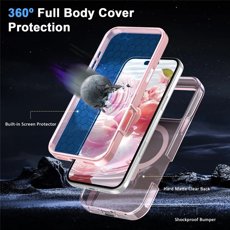 For iPhone 17 Pro Max Magnetic Case Kickstand Frosted TPU + PC Phone Cover with PET Screen Protector - Pink